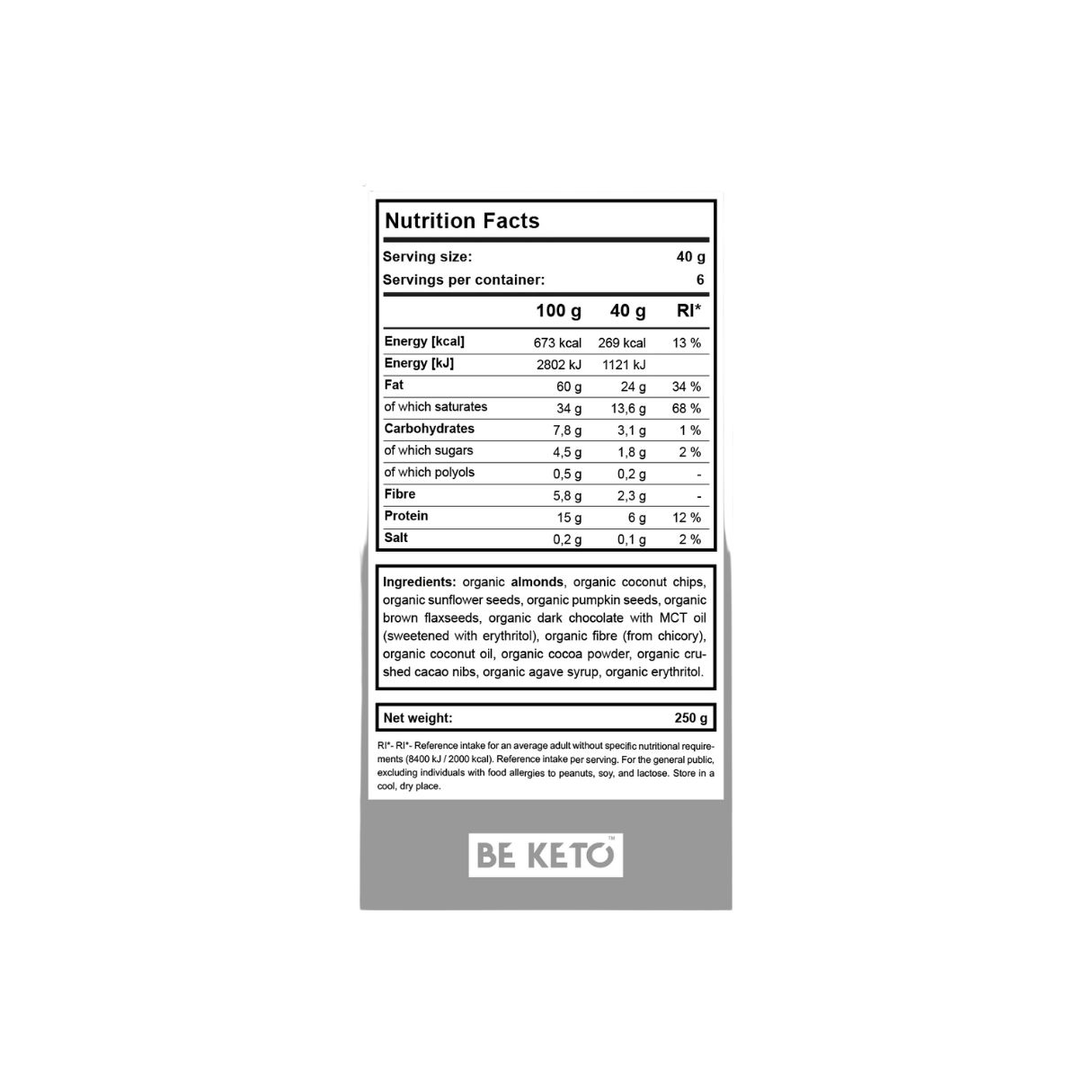 BeKeto Keto Organic Granola – Cocoa & Chocolate Chips 250g